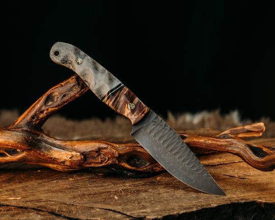 Crow Jr- Hawaiian Curly Koa, Black G10 and Brass Split, Elk Antler, Mosaic Pins, Brass Lanyard Pin, Textured Grip