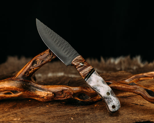 Crow Jr- Hawaiian Curly Koa, Black G10 and Brass Split, Elk Antler, Mosaic Pins, Brass Lanyard Pin, Textured Grip
