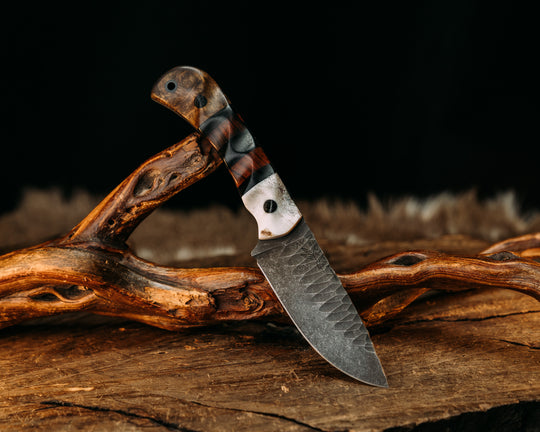 Cav Jr- Elk Antler, Black Burlap Micarta and Desert Ironwood Split, Teak, Black Burlap Micarta Pins, CF Lanyard Pin, Textured Grip
