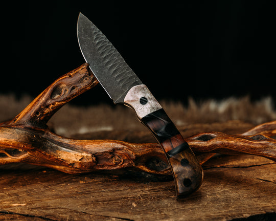 Cav Jr- Elk Antler, Black Burlap Micarta and Desert Ironwood Split, Teak, Black Burlap Micarta Pins, CF Lanyard Pin, Textured Grip
