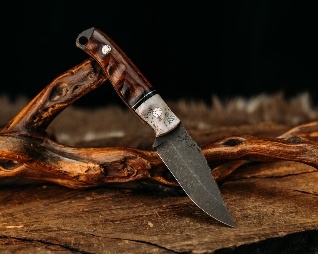 Crow Cub- Elk Antler, Black G10 and Brass Split, Desert Ironwood, Mosaic Pins, Textured Grip