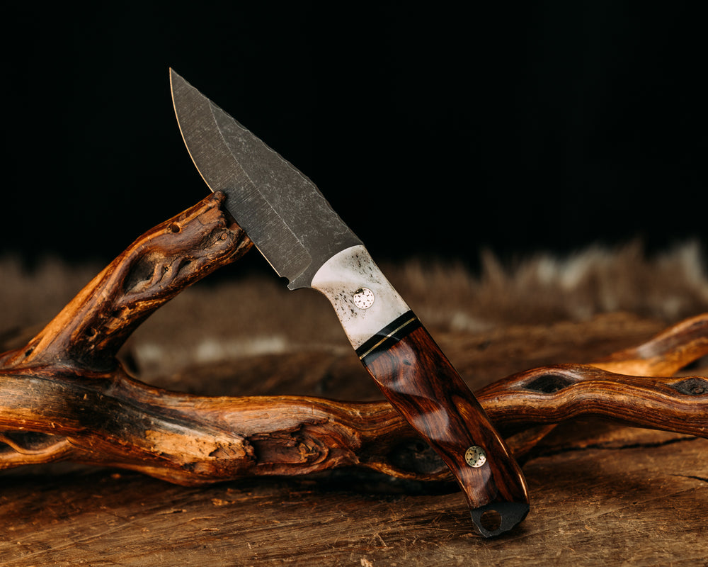 Crow Cub- Elk Antler, Black G10 and Brass Split, Desert Ironwood, Mosaic Pins, Textured Grip