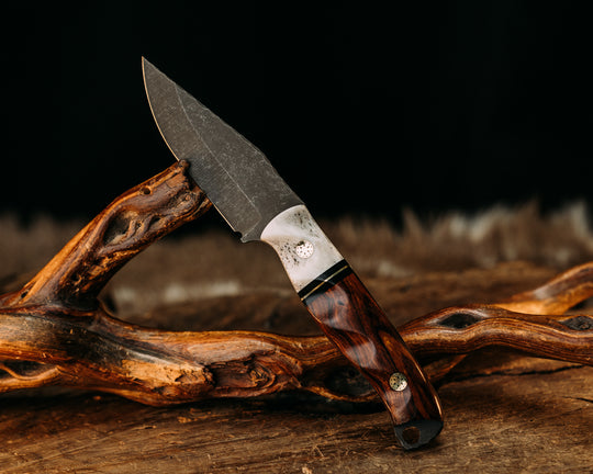 Crow Cub- Elk Antler, Black G10 and Brass Split, Desert Ironwood, Mosaic Pins, Textured Grip