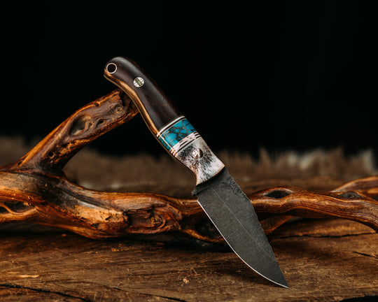 Crow Cub- Elk Antler, White G10 and Copper Pin Striping, Turquoise with Copper Web Tru-stone Split, Desert Ironwood, Mosaic Pins, Copper Lanyard Pin, Textured Grip