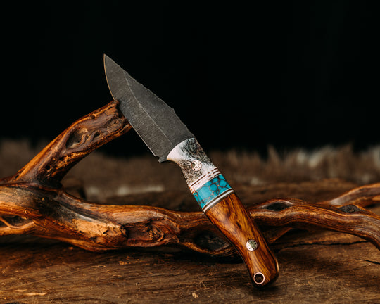 Crow Cub- Elk Antler, White G10 and Copper Pin Striping, Turquoise with Copper Web Tru-stone Split, Desert Ironwood, Mosaic Pins, Copper Lanyard Pin, Textured Grip