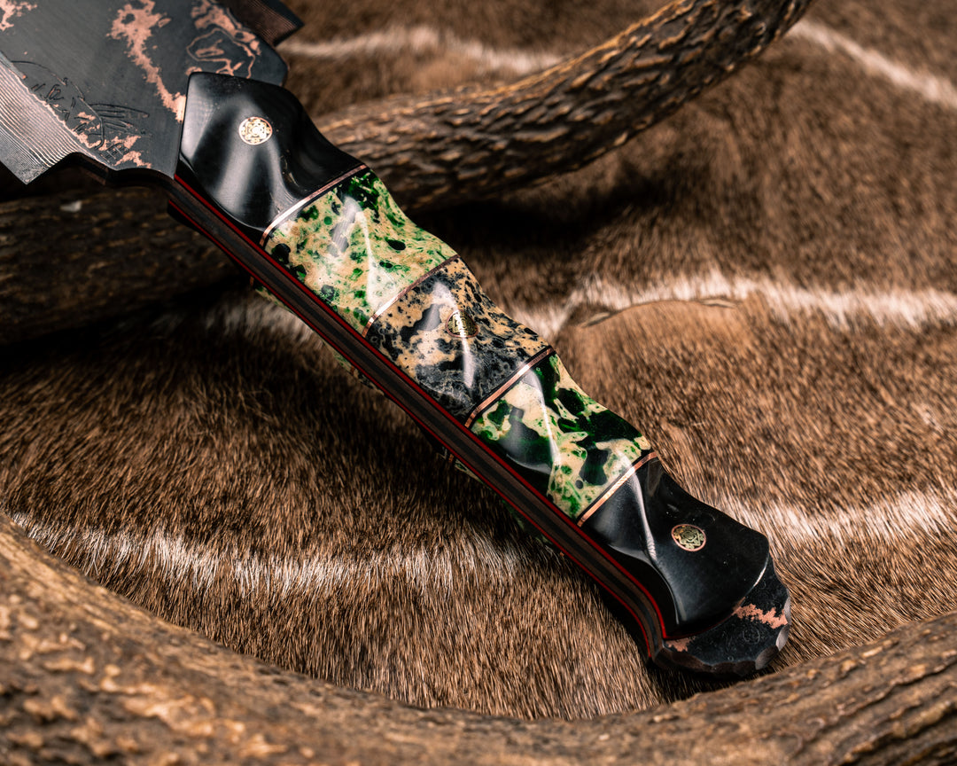 Macuahuitl- Baker Forge Random Pattern CopperMai- Bison Horn, Black G10 and Copper Pin Striping, Green and Blue Calceon Split, Mosaic Pins, Textured Grip