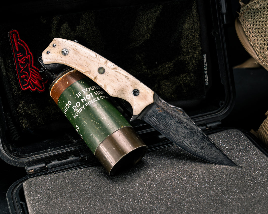 Tosahwi #01- Baker Forge Ripple 154/AEBL Core Hollow Grind Stainless Damascus- Giraffe Bone, Mosaic Pins, Center Mosaic Pin with Glow Resin, Textured Grip