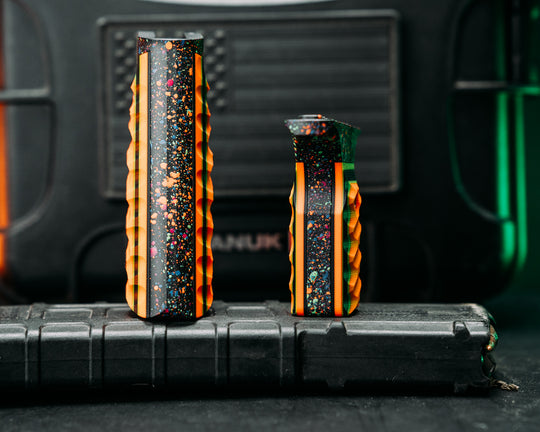 HFB x Kinetic AR Grip System SET - Black, Green & Orange G10, 80's Rad Splatter Cerakote Frames, Snake Textured Grip
