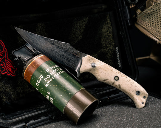 Tosahwi #01- Baker Forge Ripple 154/AEBL Core Hollow Grind Stainless Damascus- Giraffe Bone, Mosaic Pins, Center Mosaic Pin with Glow Resin, Textured Grip