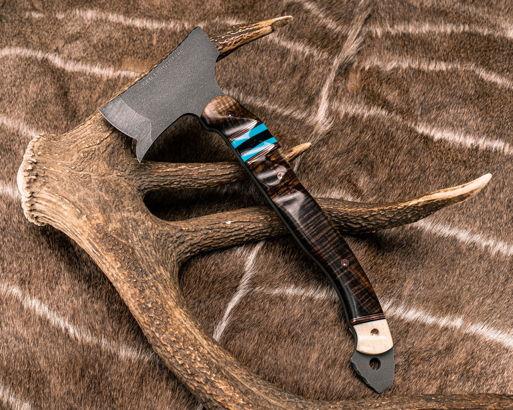 Recce Hawk Gen 1 Proto- Hawaiian Curly Koa, Black G10 and Copper Pin Striping, Turquoise Tru-stone, Black Pearl Resin and Hawaiian Curly Koa Split, Giraffe Bone, Copper Patriot Mosaic Pins, Textured Grip