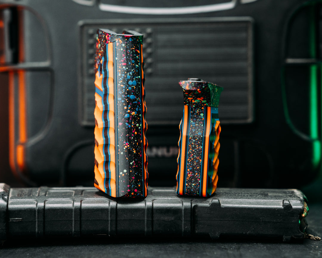 HFB x Kinetic AR Grip System SET - Black, Blue & Orange G10, 80's Rad Splatter Cerakote Frames, Snake Textured Grip