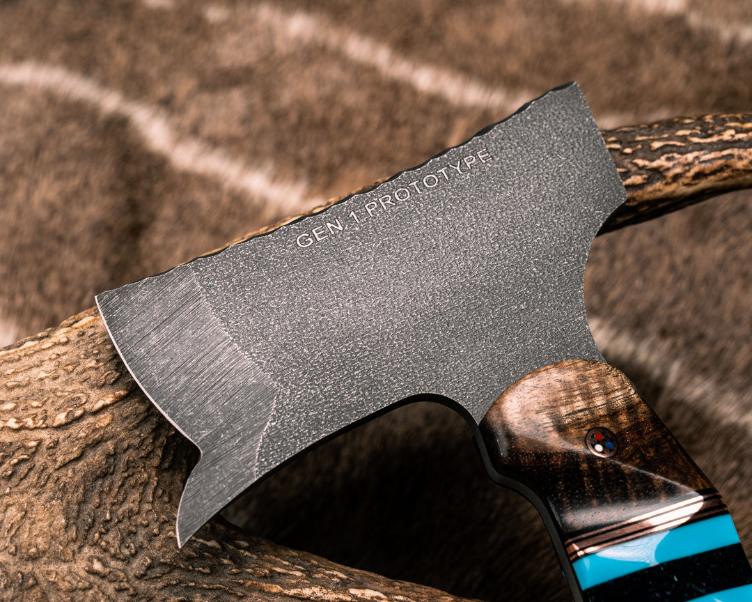 Recce Hawk Gen 1 Proto- Hawaiian Curly Koa, Black G10 and Copper Pin Striping, Turquoise Tru-stone, Black Pearl Resin and Hawaiian Curly Koa Split, Giraffe Bone, Copper Patriot Mosaic Pins, Textured Grip