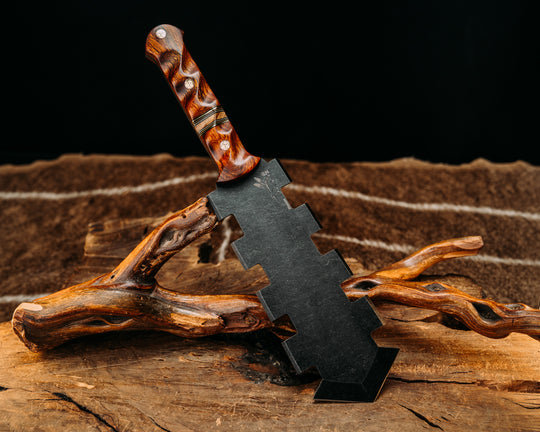 Mini Macuahuitl - Desert Ironwood, Black, Gray & Coyote G10 w/ Brass Pin Striping, Curly Maple Split, Mosaic Pins, Textured Grip