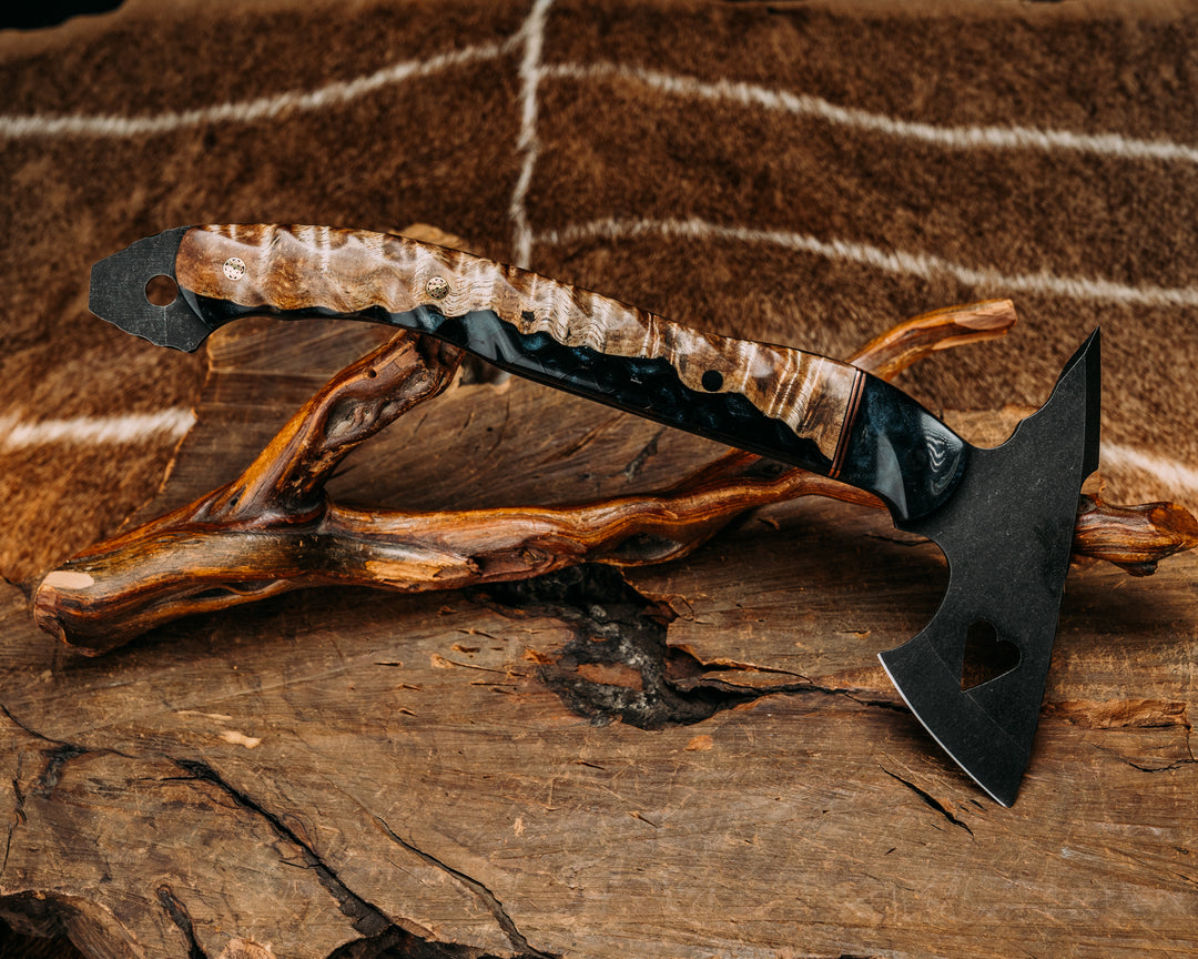 Bleeding Heart Hawk - Tru LaRue Resin, Copper & Black G10 Split, Tru LaRue Resin w/ Hawaiian Curly Koa, Mosaic Pins, Textured Grip.