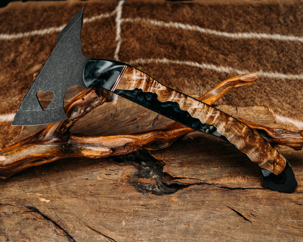 Bleeding Heart Hawk - Tru LaRue Resin, Copper & Black G10 Split, Tru LaRue Resin w/ Hawaiian Curly Koa, Mosaic Pins, Textured Grip.