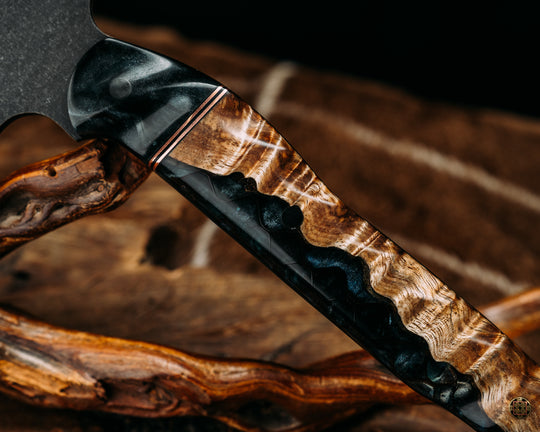 Bleeding Heart Hawk - Tru LaRue Resin, Copper & Black G10 Split, Tru LaRue Resin w/ Hawaiian Curly Koa, Mosaic Pins, Textured Grip.