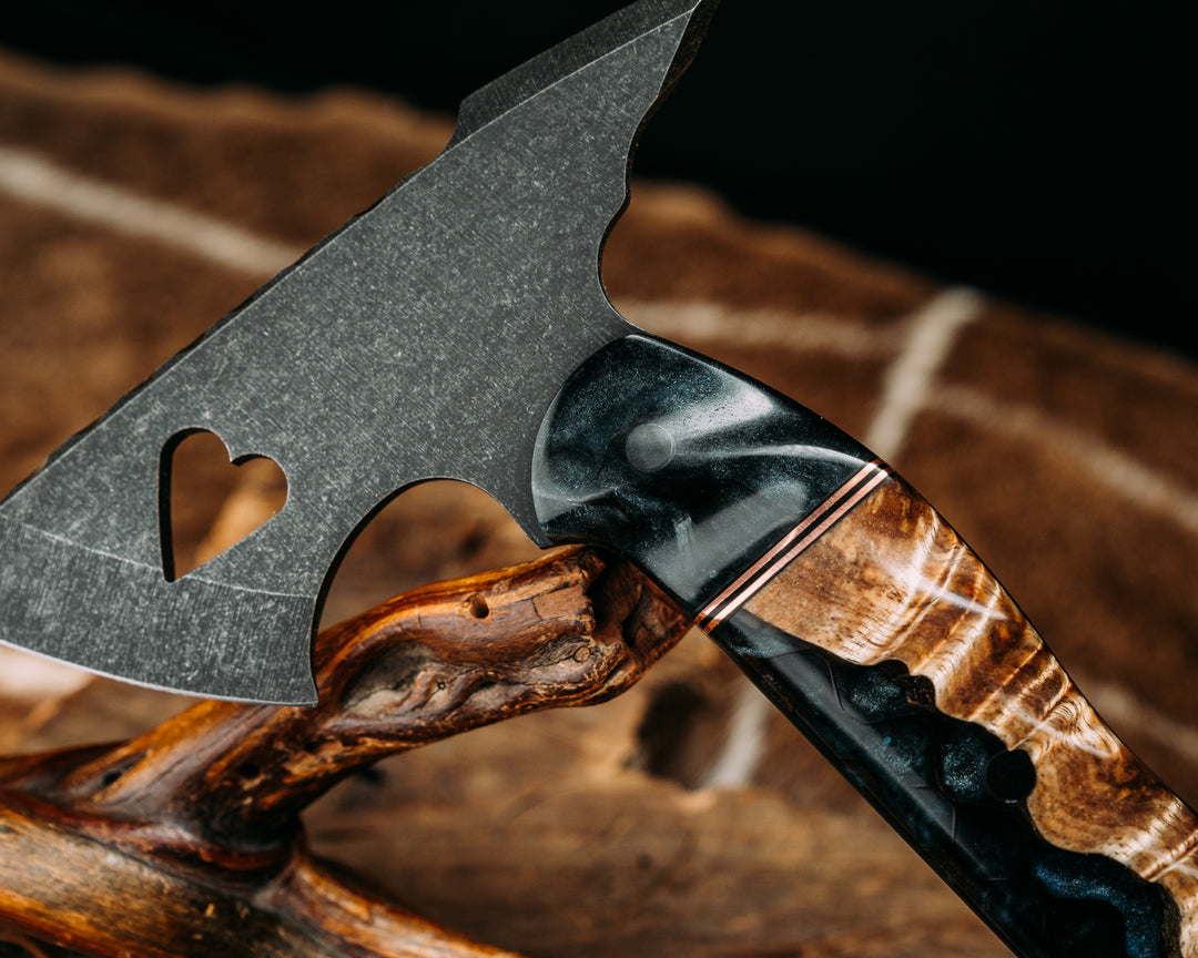 Bleeding Heart Hawk - Tru LaRue Resin, Copper & Black G10 Split, Tru LaRue Resin w/ Hawaiian Curly Koa, Mosaic Pins, Textured Grip.