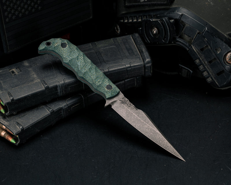 Senator- Juniper Green Jute Micarta, CF Pins, CF Lanyard Pin, Textured Grip