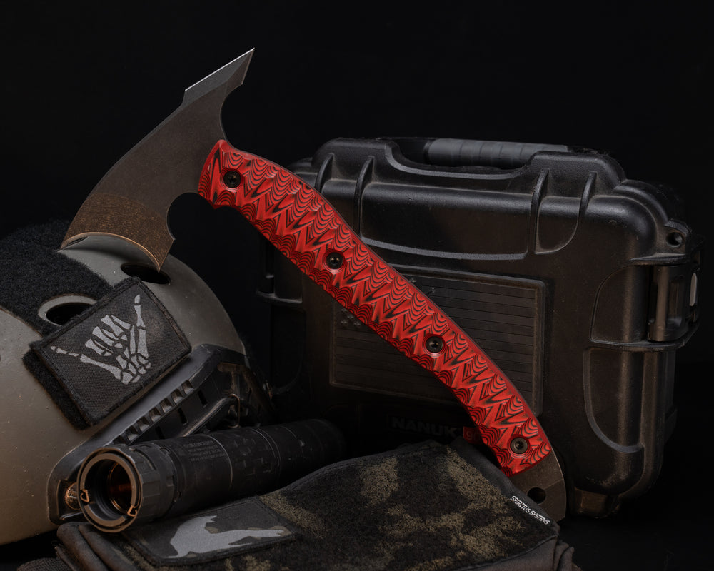 Crescent Hawk- Red and Black G10, Allen Bolts, Textured Grip, Open Tang