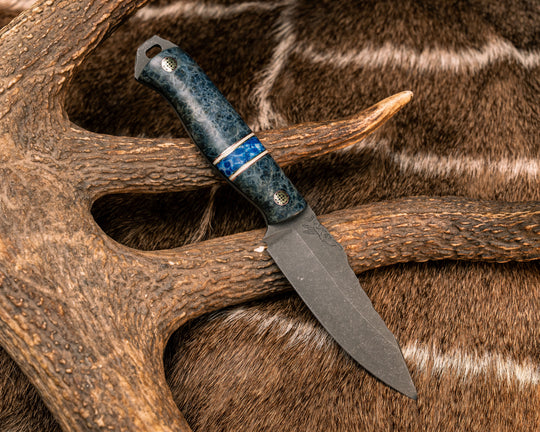 Field Knife Jr- Dyed Amboyna, Copper, White G10 and Brass Pin Striping, Dyed Coral Split, Mosaic Pins, Smooth Grip