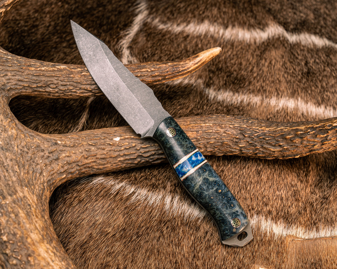 Field Knife Jr- Dyed Amboyna, Copper, White G10 and Brass Pin Striping, Dyed Coral Split, Mosaic Pins, Smooth Grip