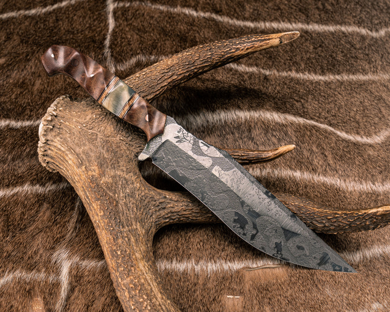 American Bowie- Maple Burl, Black G10 and Copper Pin Striping, Spalted Tamarind and Ram's Horn Split, Copper Pins, Textured Grip