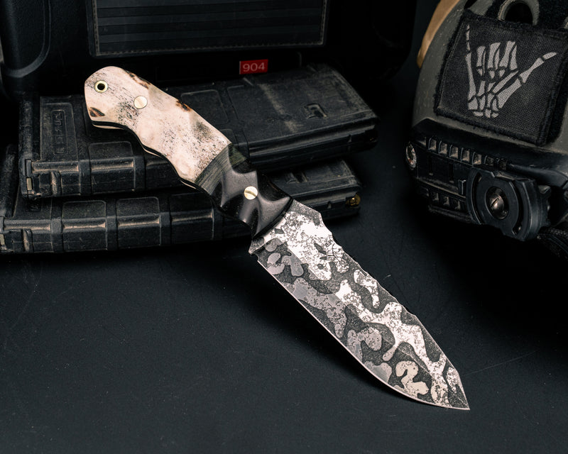 Disaster Breacher- Ebony Wood, Navy S.E.A.L AOR2 Cammie Micarta Split, CO Elk Antler, Brass Pins, Brass Lanyard Pin, Textured Grip