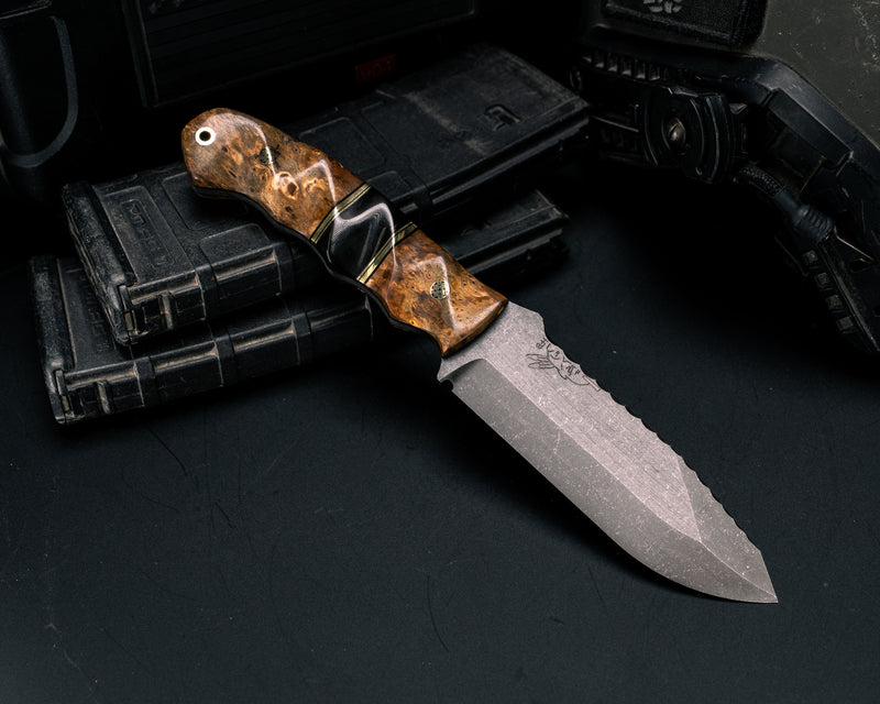 Disaster Breacher- Teak, Black g10 and Brass Pin Striping, Bison Horn Split, Mosaic Pins, Brass Lanyard Pin, Textured Grip