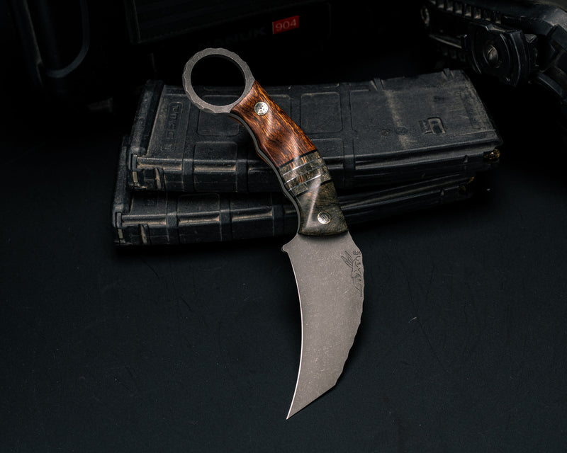 Karambito- Buckeye Burl, Black G10, Aluminum and Buckeye Burl Split, Desert Ironwood, Mosaic Pins, Textured Grip