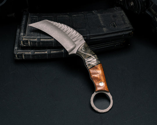 Karambito- Buckeye Burl, Black G10, Aluminum and Buckeye Burl Split, Desert Ironwood, Mosaic Pins, Textured Grip