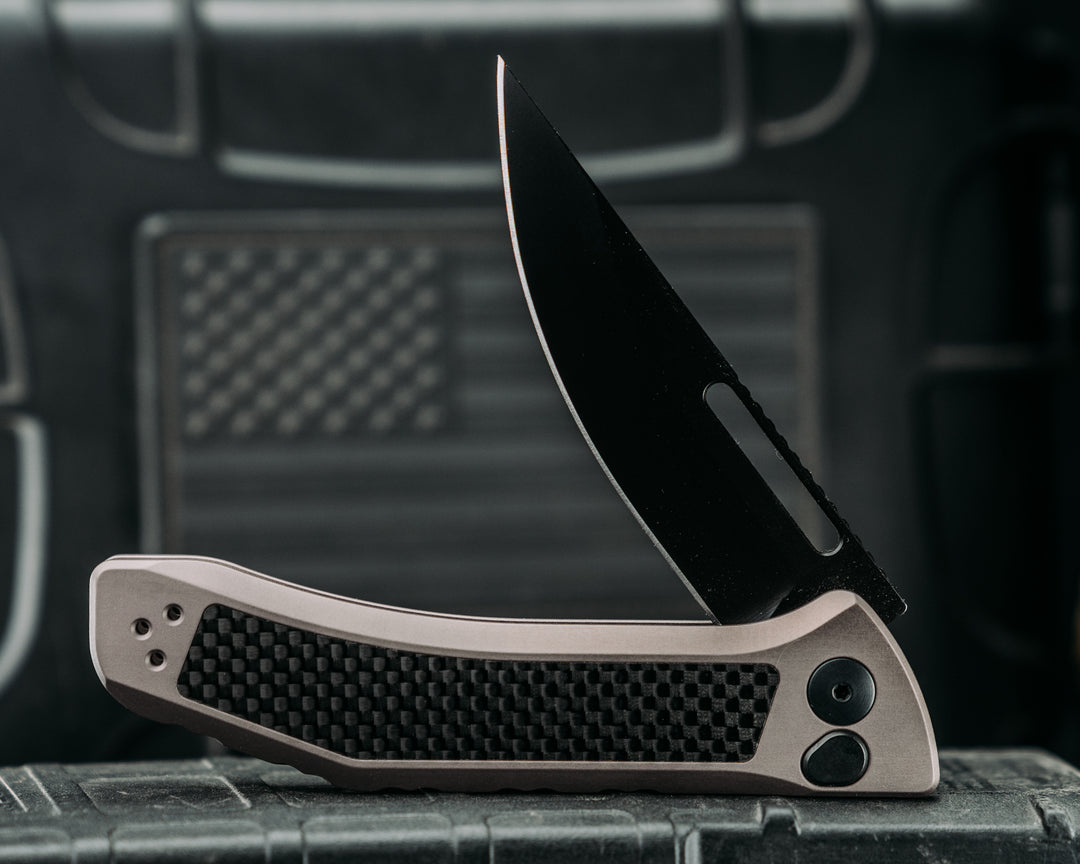 Custom Kwaiken Folder - Weaved Carbon Fiber, Anodized Gray Handle, Black Nitride Blade, Textured Grip, Deep Carry Pocket Clip