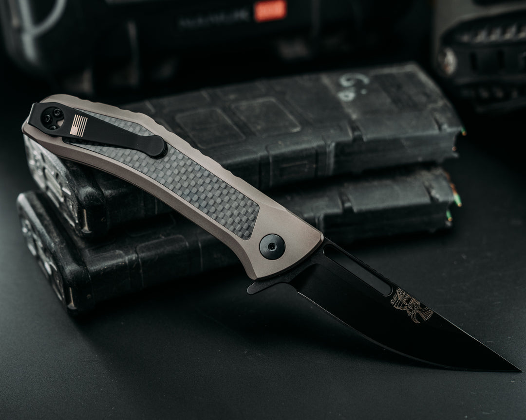Custom Kwaiken Folder - Weaved Carbon Fiber, Anodized Gray Handle, Black Nitride Blade, Textured Grip, Deep Carry Pocket Clip