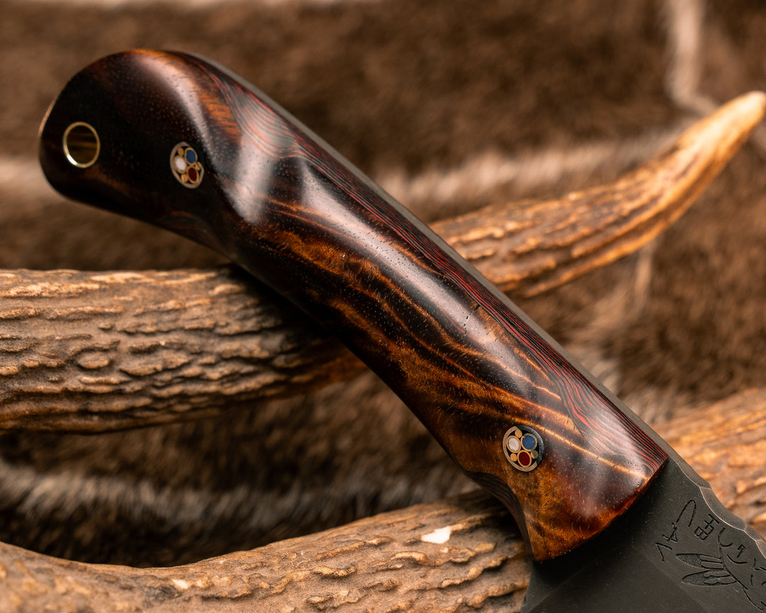 Cav Jr- Hawaiian Curly Koa Over Lava Flow FAT Carbon, Patriot Mosaic Pins, Brass Lanyard Pin, Textured Grip