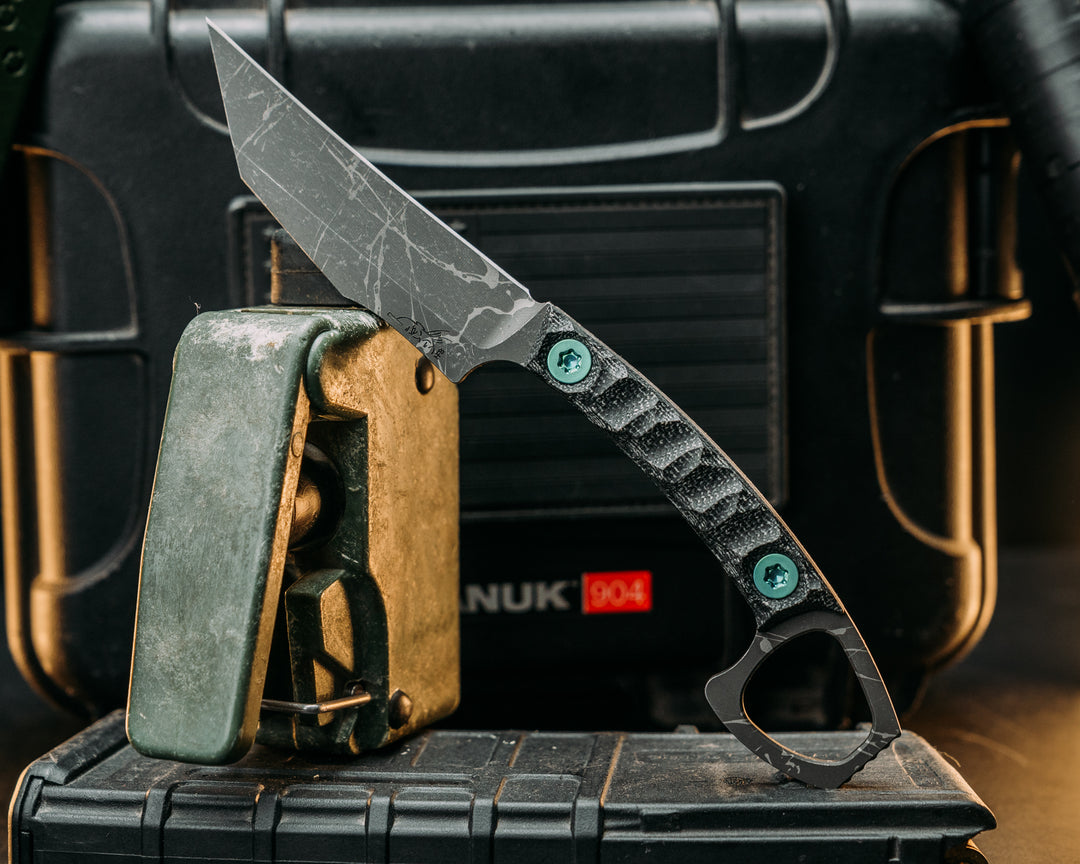 SOPHS- Black Canvas Micarta,  Blue/Green Ti Allen Bolts, Textured Grip