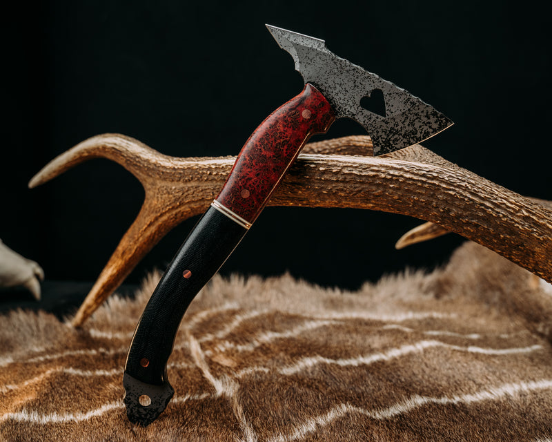 Bleeding Heart Hawk- Dyed Black Ash, Coyote G10, White G10 and Copper Split, Black Canvas Micarta, Copper Pins, Smooth Grip