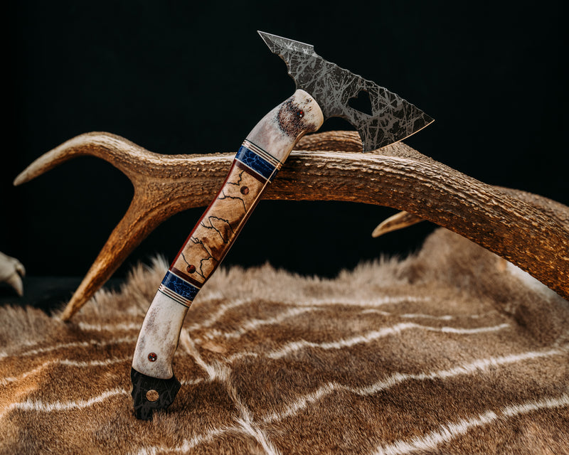 Bleeding Heart Hawk- CO Elk Antler, Black G10, White G10 and Copper Pin Striping, Sodalite Tru-stone, Brown Canvas Micarta and Spalted Maple Split, Copper Patriot Mosaic Pins, Smooth Grip