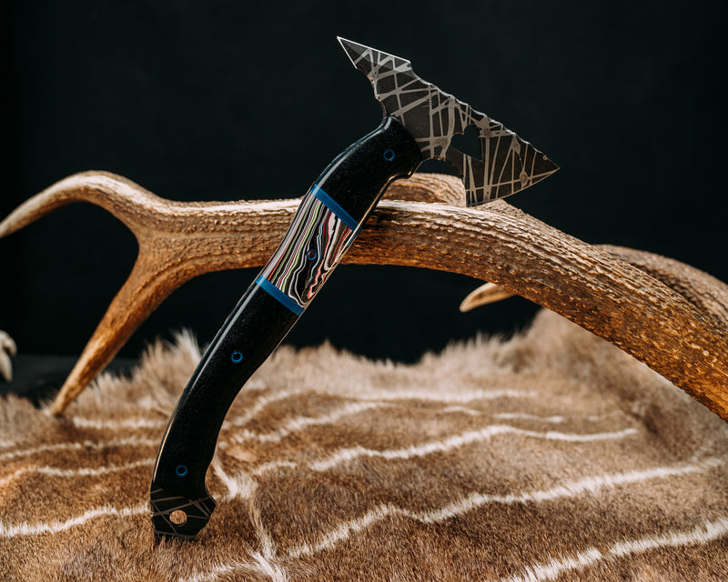 Bleeding Heart Hawk- Cosmos Black Glass Carbon, Black G10 and Resin Pin Striping, Fordite Split, Blue G10 Hollow Pins, Smooth Grip