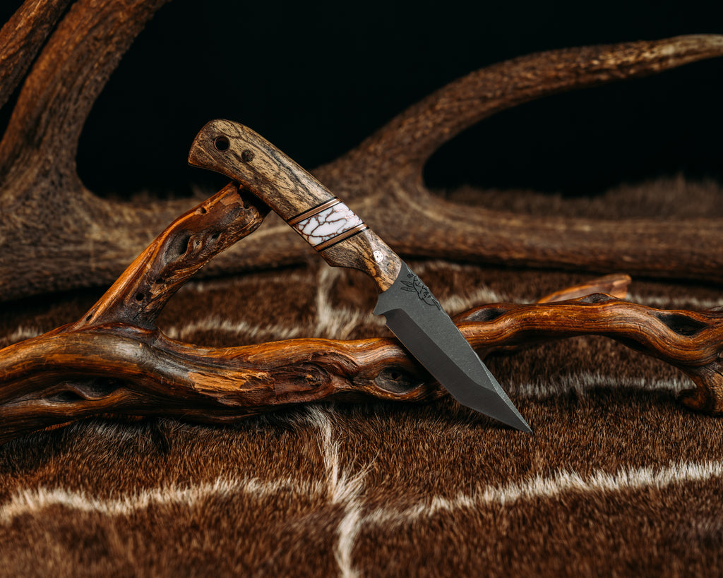 Modified Boogeyman Tanto - Ambulu, Black & Coyote G10 w/ Copper Pin Striping, White w/ Copper Web Tru Stone, Mosaic Pins, Coper Lanyard Pin, Contoured grip
