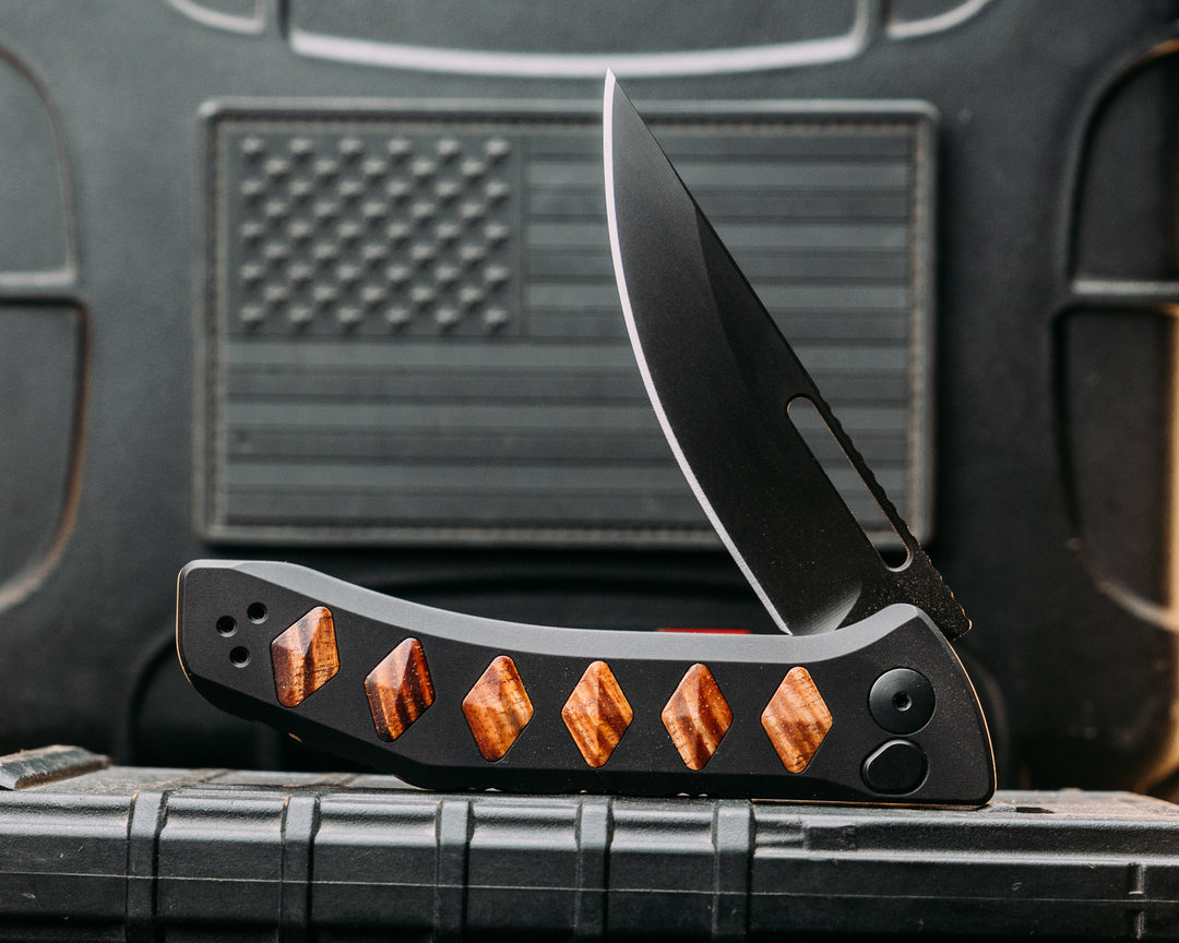 Custom Kwaiken Folder- Hawaiian Curly Koa, Anodized Black Handle, Black Nitride Blade, Textured Grip, Deep Carry Pocket Clip
