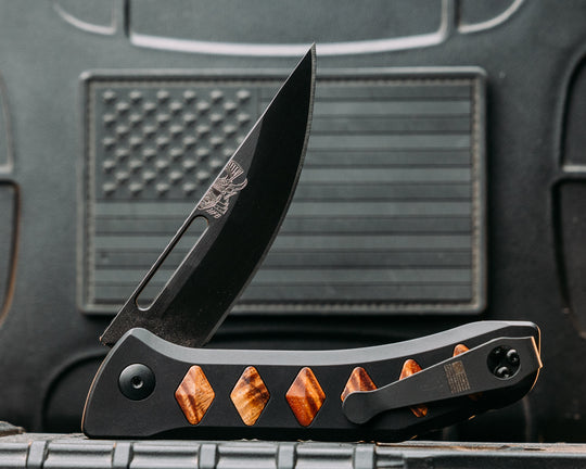 Custom Kwaiken Folder- Hawaiian Curly Koa, Anodized Black Handle, Black Nitride Blade, Textured Grip, Deep Carry Pocket Clip