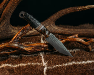 Modifeid Crow Jr Tanto - Pheasant, White & Black G10 Pin Striping, Sycamore Split, Dragonstrike Carbon Fiber, Mosaic Pins. Contoured Grip.