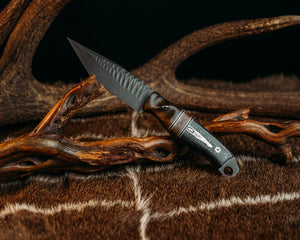 Modifeid Crow Jr Tanto - Pheasant, White & Black G10 Pin Striping, Sycamore Split, Dragonstrike Carbon Fiber, Mosaic Pins. Contoured Grip.