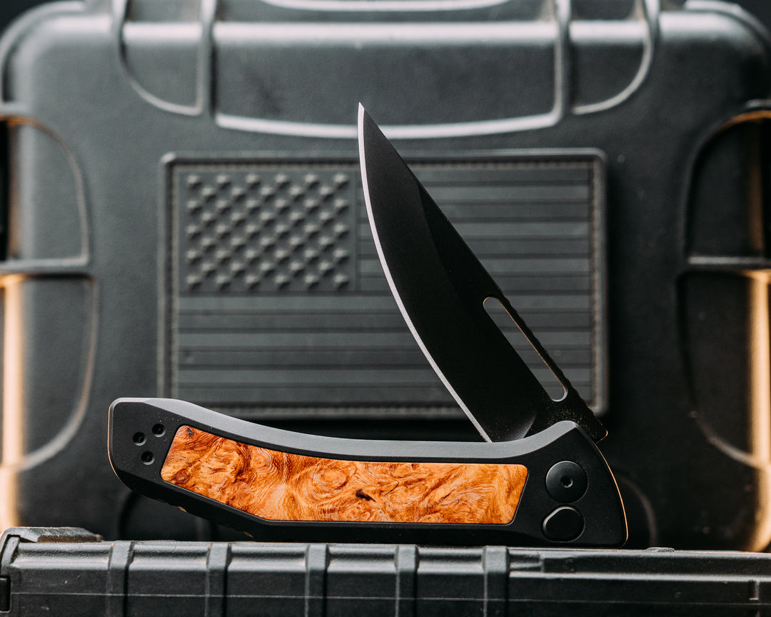 Custom Kwaiken Folder -  Amboyna, Anodized Black Handle, Black Nitride Blade, Textured Grip, Deep Carry Pocket Clip