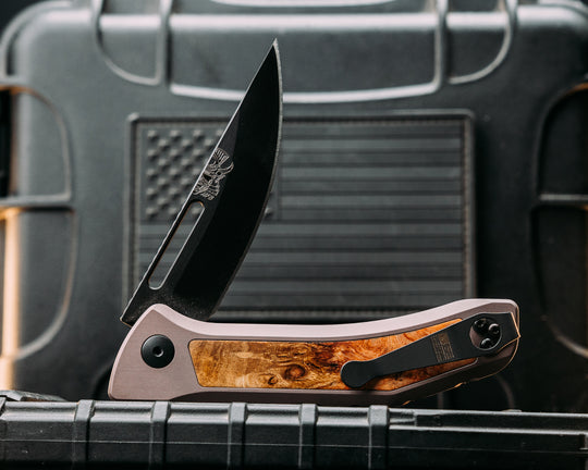 Custom Kwaiken Folder -  Amboyna Burl, Anodized Grey Handle, Grey Nitride Blade, Textured Grip, Deep Carry Pocket Clip