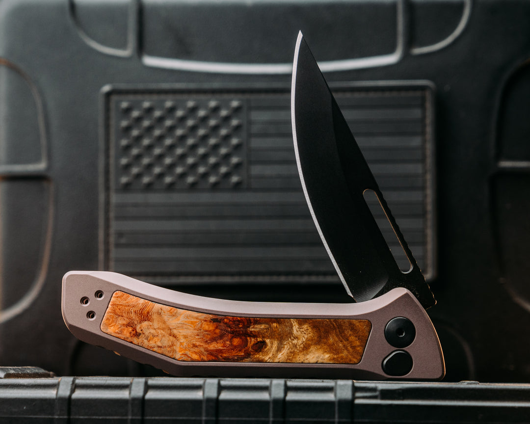 Custom Kwaiken Folder -  Amboyna Burl, Anodized Grey Handle, Grey Nitride Blade, Textured Grip, Deep Carry Pocket Clip