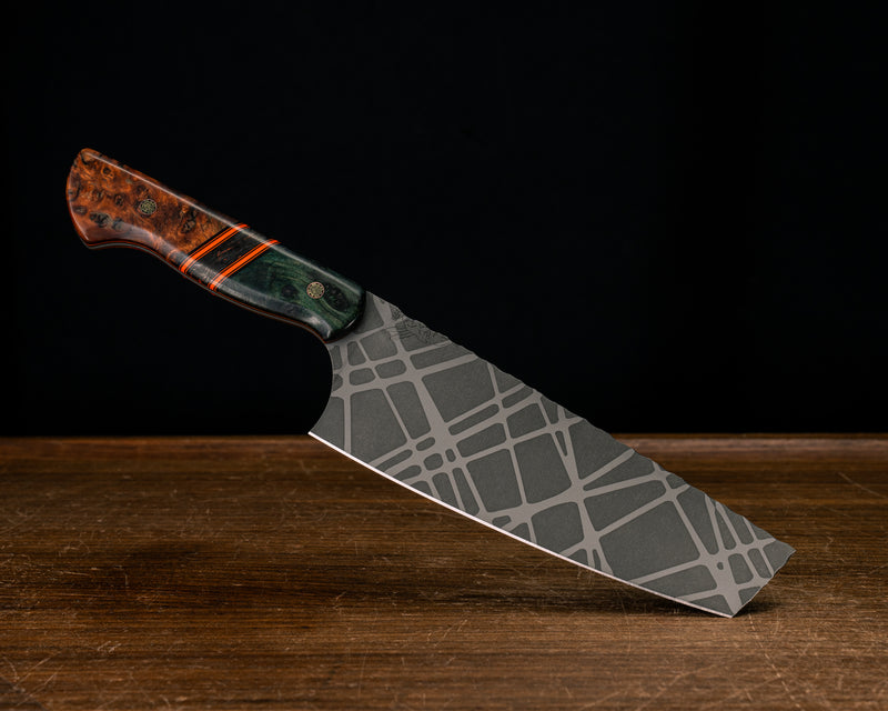 Nakiri- Dyed Redwood, Black G10 and Orange G10 Pin Striping, Orange Dark Matter Carbon Split, Amboyna Burl, Mosaic Pins, Smooth Grip