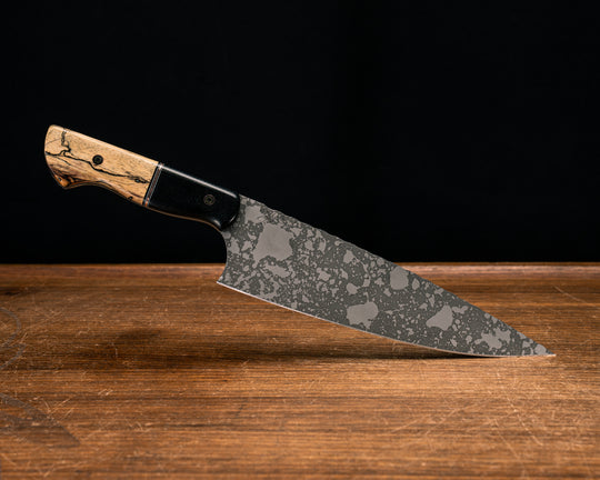 Chef Blade- Black Canvas Micarta, Black G10, White G10 and Copper Split, Spalted Tamarind, Mosaic Pins, Smooth Grip