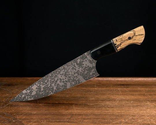 Chef Blade- Black Canvas Micarta, Black G10, White G10 and Copper Split, Spalted Tamarind, Mosaic Pins, Smooth Grip