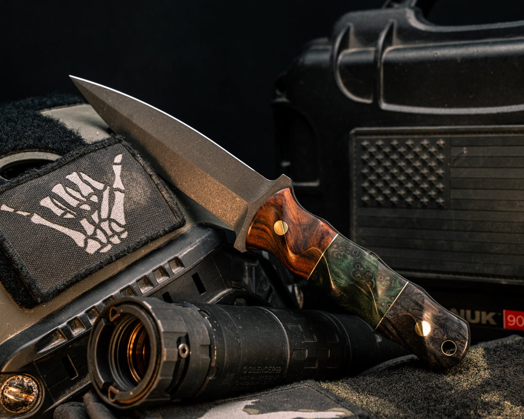 Combat Dagger- Desert Ironwood, Brass and Dyed Redwood Split, Dyed Redwood, Brass Pins, Brass Lanyard Pin, Textured Grip