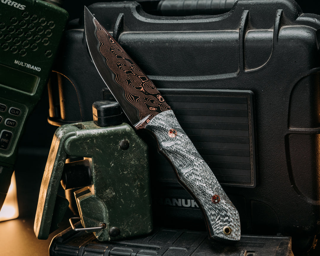 Red Cloud- Baker Forge CopperMai Raindrop (Ni-Shim)- Siver Carbon, Copper Patriot Mosaic Pins, Brass Lanyard Pin, Textured Grip